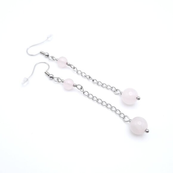 Handmade Jewelry - Rose Quartz Chakra Gemstone Pink Dangle Drop Chain Earrings Handmade Jewelry